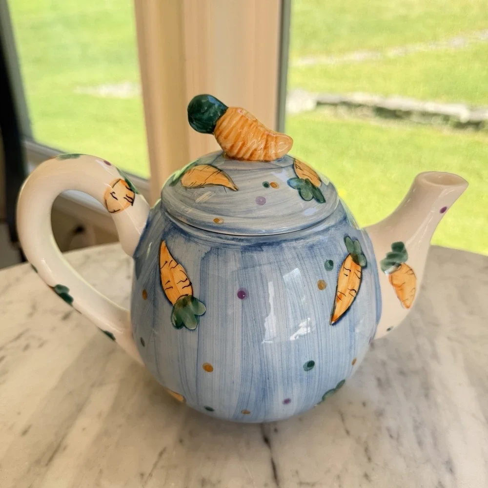 Vintage 90s Ceramic Easter Bunny Rabbit & Carrot Teapot with Lid Collectible‎